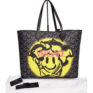 VERSACE La Greca SMILEY MEDUSA YELLOW GRAFFITI Canvas LARGE TOTE BAG